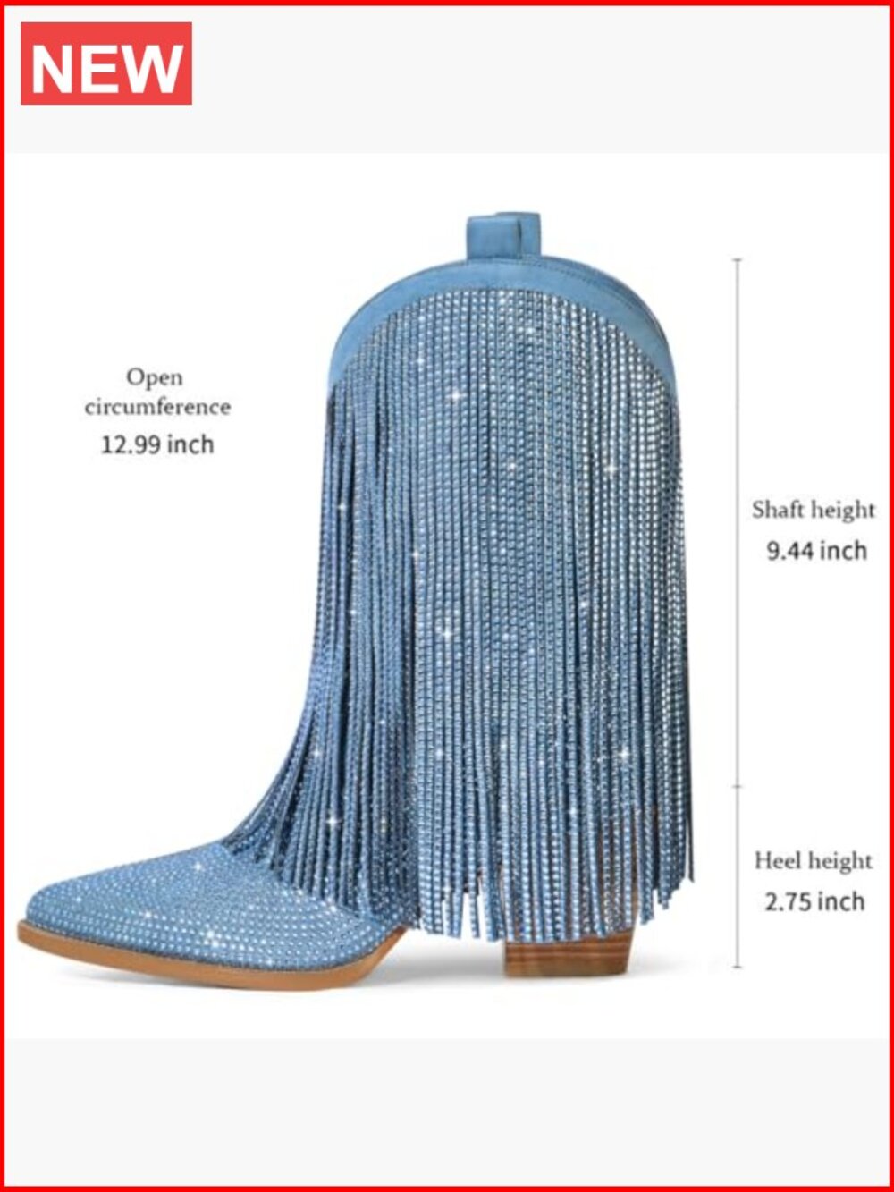 Cowgirl Western Rhinestone Fringe Chunky Heel Pointed Toe Mid Calf Boots - Picture 6 of 7